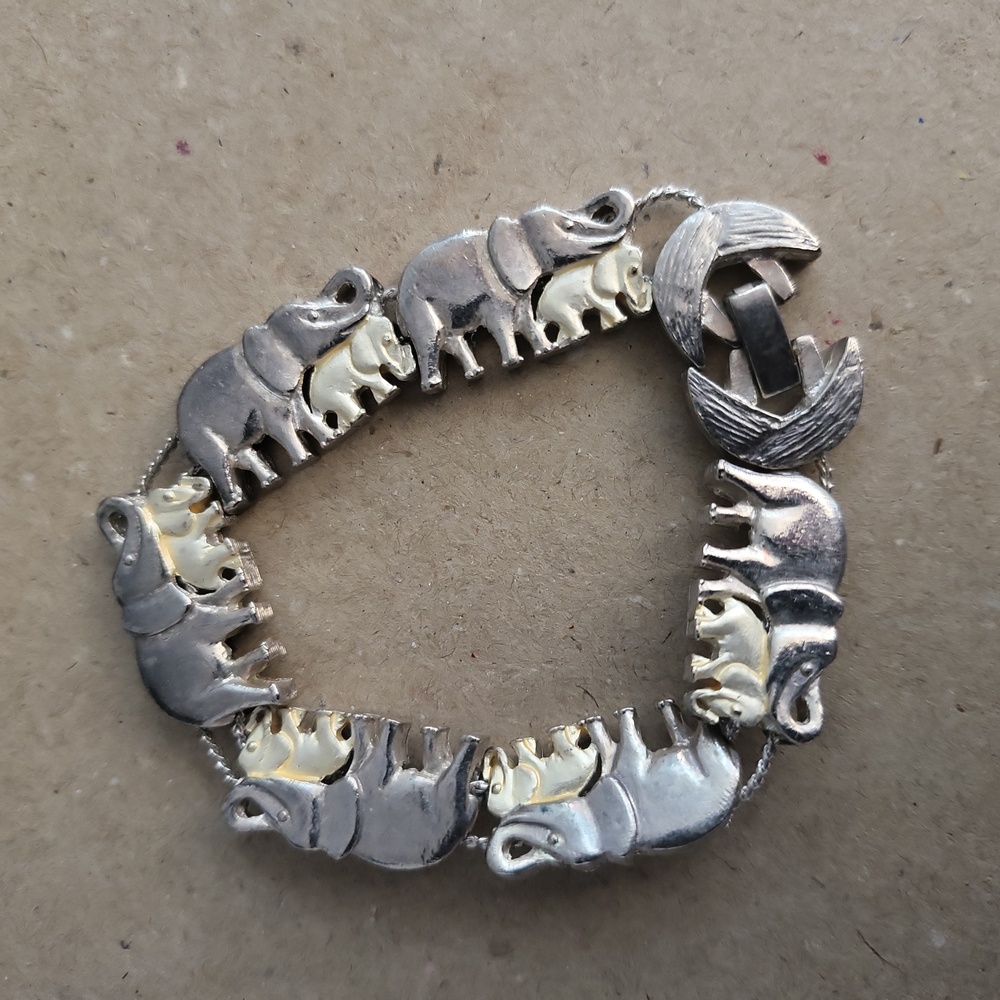 Elephant & Calf Silver tone slide charm bracelet